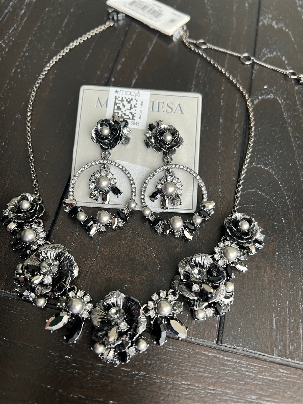 Marchesa Black and Silver Floral Crystal Necklace with Matching Earrings